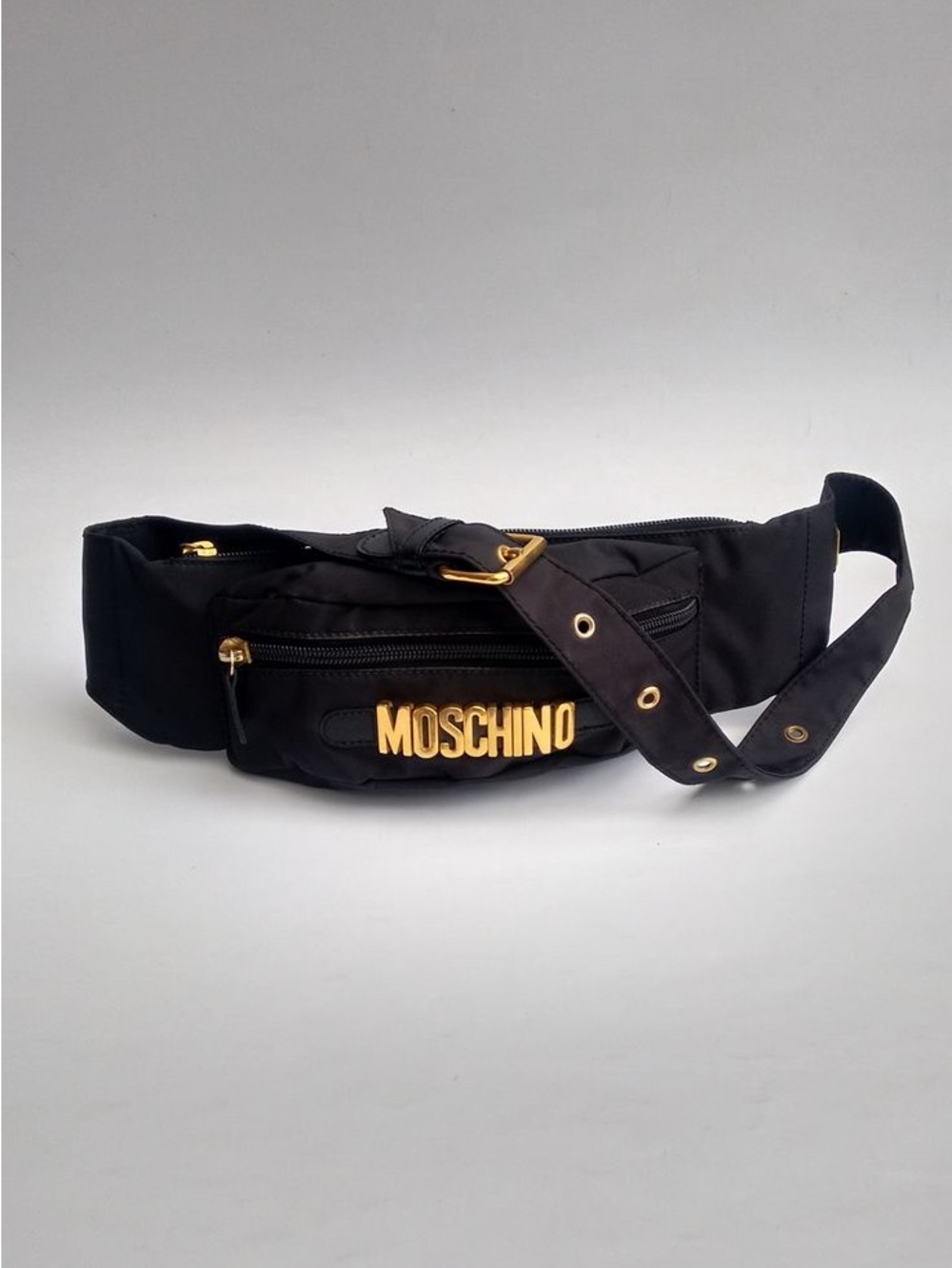 MOSCHINO 1990s Black Nylon Belt Bag Fanny Pack Gold Logo Redwall Archival